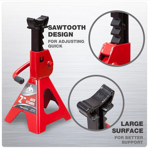 Two red low-profile 2-ton Jack Boss jack stands with black serrated lifting posts for cars, Amazon brand.