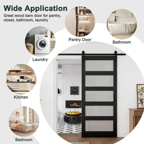 Black PVC Surface Solid Core Wood Frosted Glass Sliding Barn Door With Installation Hardware Kit 60 By 84 Inches Soft Close Durable Hardware For 100000 Open And Close Cycles Easy DIY Installation installed as room divider