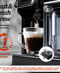 Close-up of Game Changing Espresso Machine With Automatic Milk Frother And Capsule Coffee Maker delivering coffee in a glass.