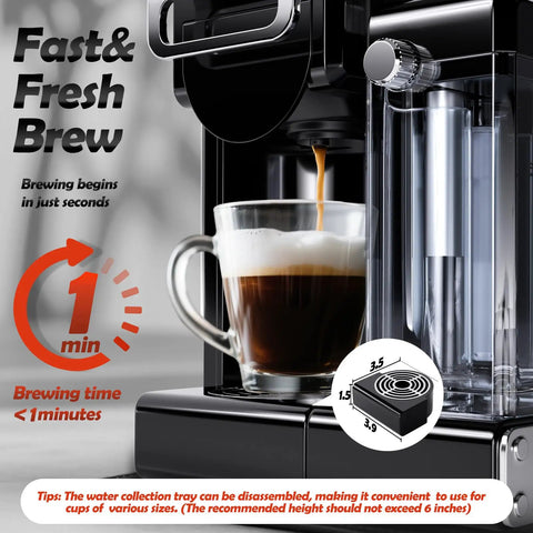 Close-up of Game Changing Espresso Machine With Automatic Milk Frother And Capsule Coffee Maker delivering coffee in a glass.
