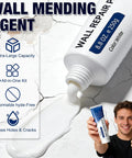 2Pcs Drywall Repair Kit Quick Drying Wall Mending Paste flowing from tube over cracked wall, with smiling man holding product
