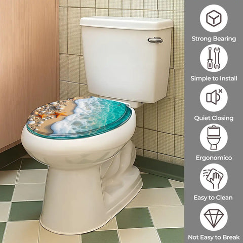 Round Toilet Seat Resin for Bathroom with beach-themed design on a toilet, suits various toilet models, easy to install.