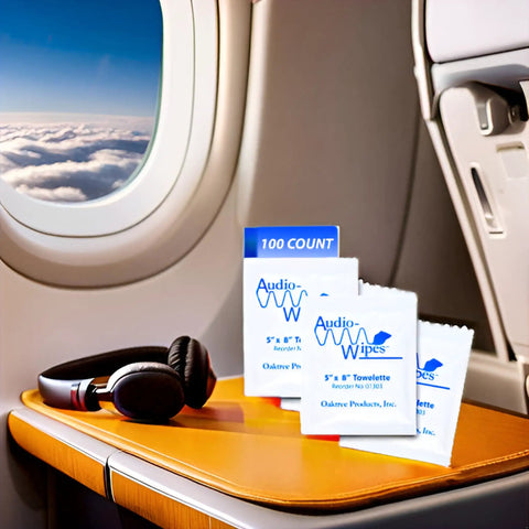 Alcohol Free Electronic Cleaning Wipes, 100 Individually Wrapped, displayed on airplane tray with headphones.