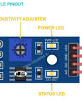 Digital Light Sensor Module For Arduino ESP32 ESP8266 Raspberry Pi Four Pack With Analog And Digital Outputs And Adjustable Threshold Via Potentiometer Three Point Three To Five Volts For Makers And Hobbyists showing pinout diagram including sensitivity adjuster, LDR, power, and status LEDs.