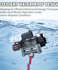 Rugged Electric Steel Cable Winch With 5.7HP High Power Motor For Heavy Duty Towing And 18800lbs Capacity in water showing waterproof design.