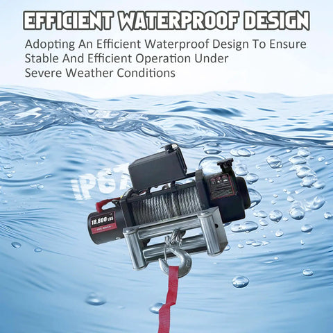 Rugged Electric Steel Cable Winch With 5.7HP High Power Motor For Heavy Duty Towing And 18800lbs Capacity in water showing waterproof design.