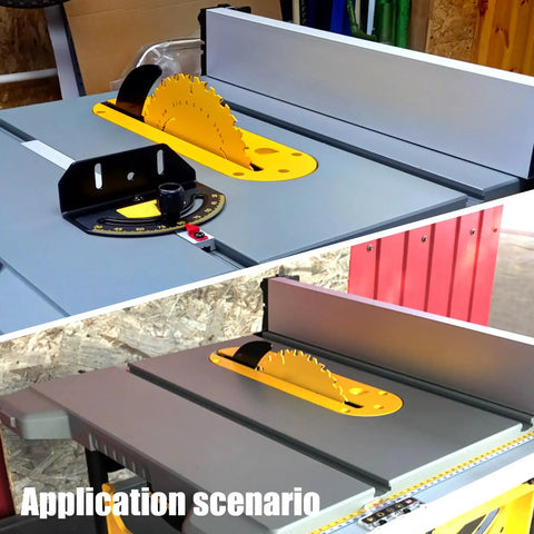 Heavy Duty Dado Throat Plate For 10 Inch Job Site Table Saw installed on table saw, showing blade and alignment features.