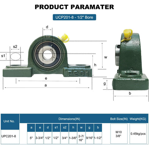 UCP201-8 pillow block bearing with 1/2 in bore; green cast-iron housing with mounting base; front and side views.