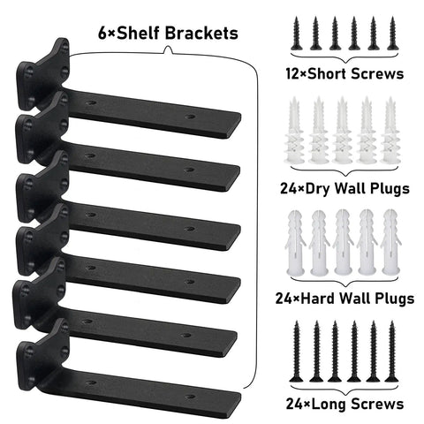 Heavy Duty L Shaped Shelf Brackets 0.2 Inch Thick Solid Steel Wall Mount Supports For 12 Inch Floating Shelves Black Rustic Industrial Style Pack Of 6 with screws and wall plugs layout