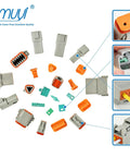 371 Piece Deutsch DT Connector Kit With Waterproof Automotive Electrical Connectors 2 To 12 Pin Includes Crimping Tool Removal Tool Wedge Locks And 16 Gauge Solid Contacts layout with individual parts like connectors, plugs, and tools displayed.