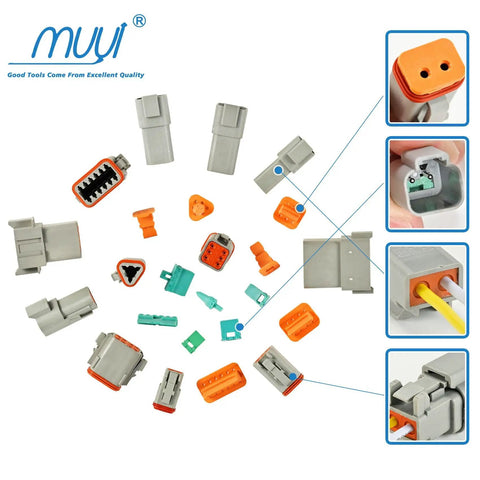 371 Piece Deutsch DT Connector Kit With Waterproof Automotive Electrical Connectors 2 To 12 Pin Includes Crimping Tool Removal Tool Wedge Locks And 16 Gauge Solid Contacts layout with individual parts like connectors, plugs, and tools displayed.