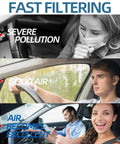 Illustration showing benefits of a cabin air filter replacement CF10285 with HEPA and activated carbon for fresh cabin air