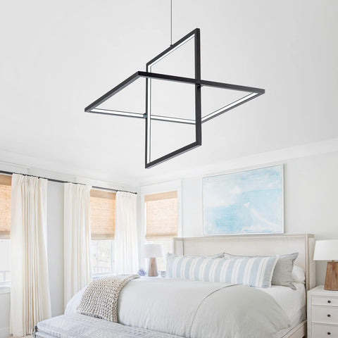Modern Square LED Chandelier Pendant Light That Looks Lit Dimmable 6000K Cool White Ideal For Living Room Dining Bedroom Kitchen And Study 65W Black Finish hanging in a bedroom