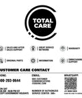 Customer care contact information with phone number, email, and WhatsApp details, including service support icons.