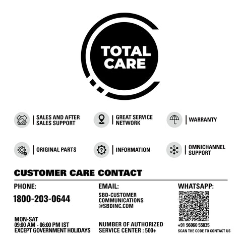 Customer care contact information with phone number, email, and WhatsApp details, including service support icons.