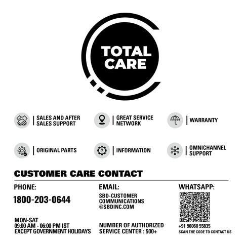 Customer care contact information with total care services icons and QR code for communication options.