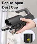 No Sweat Cordless Handheld Car Vacuum Cleaner Packing Serious 23000 Pa Suction For fast dirt pickup, showing pop-to-open dust cup design.