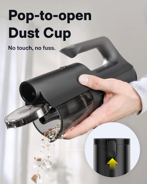 No Sweat Cordless Handheld Car Vacuum Cleaner Packing Serious 23000 Pa Suction For fast dirt pickup, showing pop-to-open dust cup design.