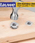Two 1/4-20 T-nuts, 304 stainless steel, four-prong tee nuts for wood
