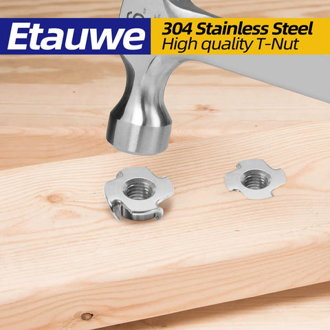 Two 1/4-20 T-nuts, 304 stainless steel, four-prong tee nuts for wood