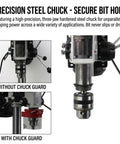 Heavy Duty Benchtop Drill Press With Five Eighth Inch Chuck And 220 Volt Copper Motor showing precision steel chuck with and without guard.