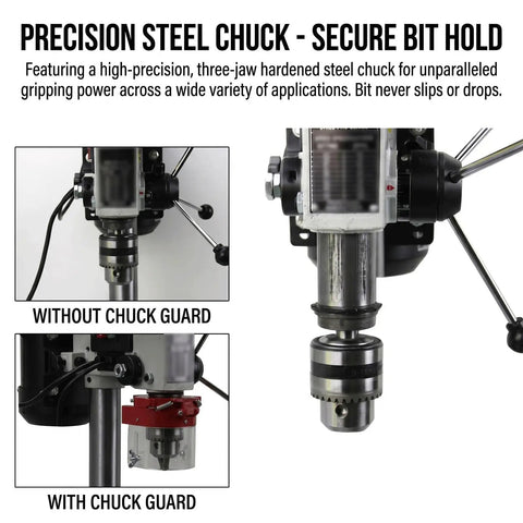 Heavy Duty Benchtop Drill Press With Five Eighth Inch Chuck And 220 Volt Copper Motor showing precision steel chuck with and without guard.