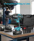 Heavy Duty Cordless Impact Wrench Delivering 738 Foot Pounds Of Knockout Brute Force Half Inch Driver with two 4 Ah cells and deep sockets.