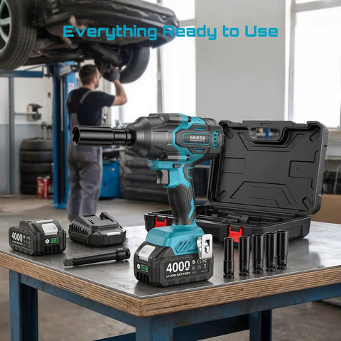Heavy Duty Cordless Impact Wrench Delivering 738 Foot Pounds Of Knockout Brute Force Half Inch Driver with two 4 Ah cells and deep sockets.