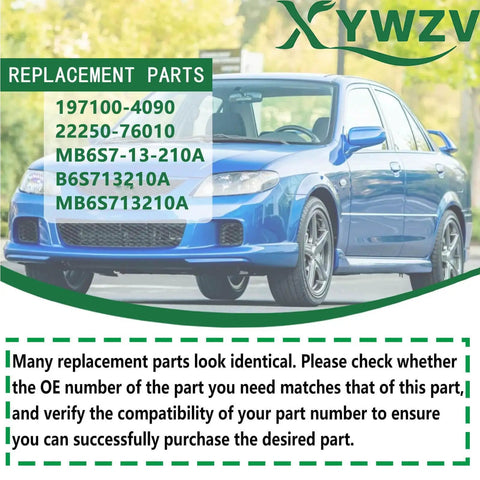 Mass Air Flow Meter Sensor Replacement 197100-4090 in blue sedan fitment graphic with OE numbers 22250-76010 MB6S7-13-210A
