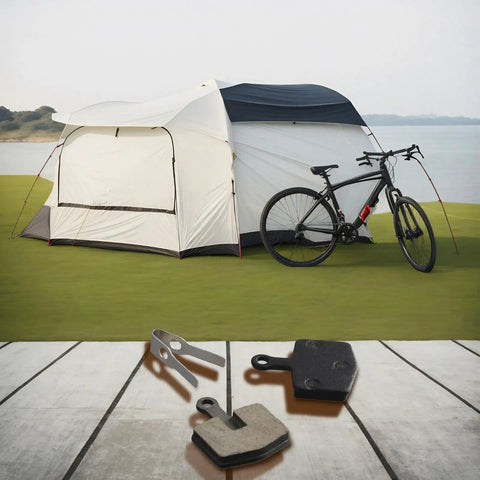 Organic Sintered Metal Disc Brake Pads For Mountain, Trail, And Urban Riding with bike and tent background