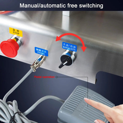 Pneumatic Liquid Paste Bottle Filler, 40L Stainless Steel Hopper, controls for manual/automatic switching with pedal operation.