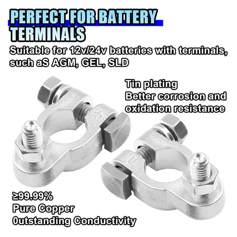 Heavy Duty Car And Marine Battery Terminal Connector Kit With Pure Copper Clamps Top Post Battery Cable Lug 2 Gauge Heat Shrink Tubing Anti Corrosion Covers Tough As Nails Build in silver finish with tin plating.