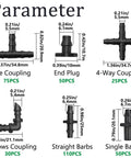 Diagram showing dimensions of fittings from the 340 Piece One Quarter Inch Drip Irrigation Fittings Kit with couplings and barbs.