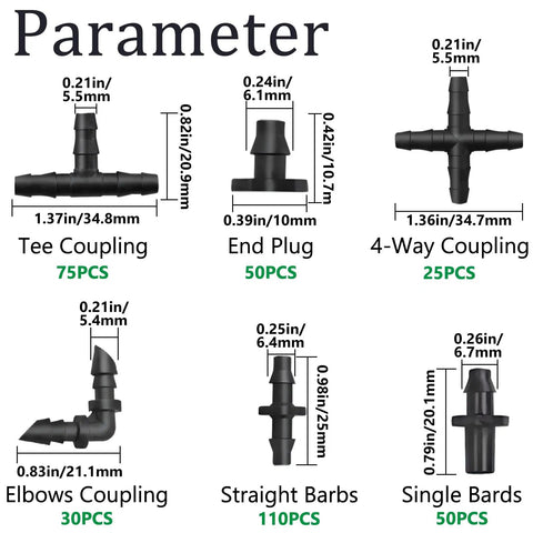 Diagram showing dimensions of fittings from the 340 Piece One Quarter Inch Drip Irrigation Fittings Kit with couplings and barbs.