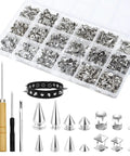 Badass 543 Piece Punk Studs And Spikes Kit With Eight Cone Sizes, square pyramid nails, storage case and tools for DIY projects.
