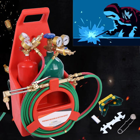 Brass Torch Welding And Cutting Kit With Dual Gauge CGA540 CGA200 12ft Twin Hose Empty 4L And 2L Tanks In Red Case
