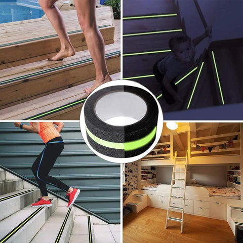 Collage of Glow In The Dark Anti Slip Tape on stairs, ramps, and steps, shown in various indoor and outdoor settings.