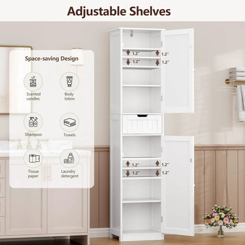 67 Inch Tall Bathroom Cabinet With Two Doors And One Drawer, Slim 15.7 Inch Wide, 11.8 Inch Deep, Adjustable Shelves in Bathroom