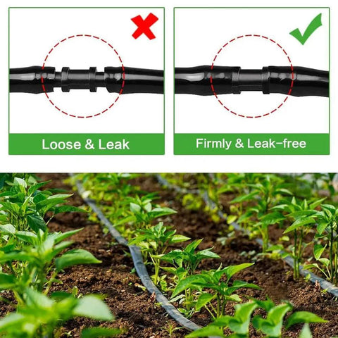 150 Pieces One Quarter Inch Straight Barbed Irrigation Connectors Fittings showing leak-free garden tubing connection