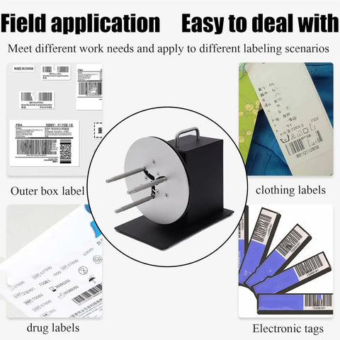 Automatic Label Winder And Rewinder For 1 To 3 Inch Cores, multiple label application examples in warehouse settings.