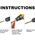 Instructions for installing a hex drill bit into a power drill; unscrew chuck, insert bit, check fit.