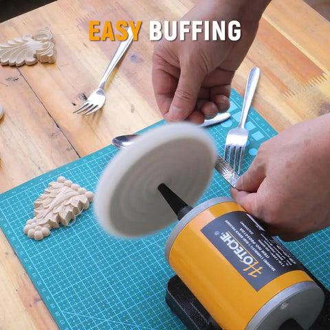 Pro Grade Heavy Duty Bench Buffer Polisher With Variable Speed Control in use buffing wooden pieces on a work surface.