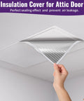 Heavy Duty Attic Stairs Insulation Cover With Aluminum Foil Heat Barrier For Ceiling Access Door, showing flexible silver foil being installed.