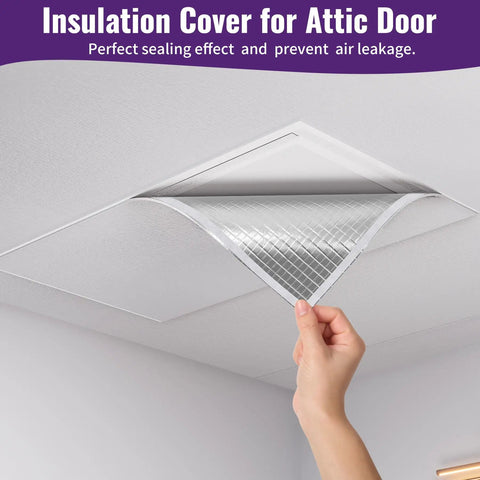 Heavy Duty Attic Stairs Insulation Cover With Aluminum Foil Heat Barrier For Ceiling Access Door, showing flexible silver foil being installed.