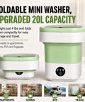 Road Ready Foldable Mini Washing Machine, 20 Liter Capacity, Two sizes in matte green for RVs, dorms, travel, and compact storage.