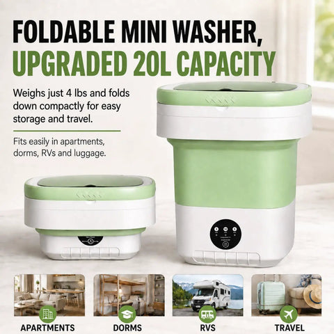 Road Ready Foldable Mini Washing Machine, 20 Liter Capacity, Two sizes in matte green for RVs, dorms, travel, and compact storage.