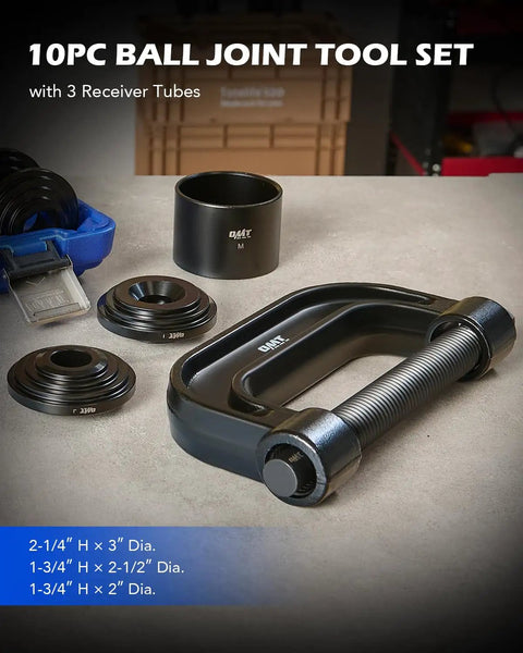 Heavy Duty Ball Joint Press Kit With 4WD Adapters, includes receiver tubes and press tool on a workshop table, for 2WD and 4WD vehicles