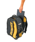 Massive 40 Liter Tool Backpack Built Tough As Nails For Contractors with laptop being stored in padded compartment.