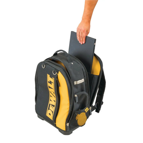 Massive 40 Liter Tool Backpack Built Tough As Nails For Contractors with laptop being stored in padded compartment.