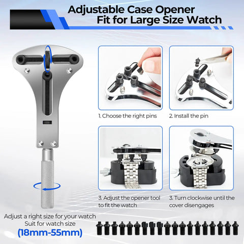 Adjustable case opener in 192 Piece Watch Repair Kit Heavy Duty Tool Set With Link Remover Battery Replacement Tools